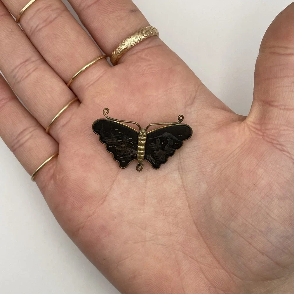 Vintage Damascene Brooch Japanese Butterfly Scenic Pin